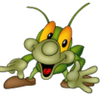 A cartoon of a grasshopper with yellow eyes.